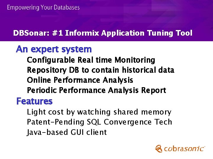 DBSonar: #1 Informix Application Tuning Tool An expert system Configurable Real time Monitoring Repository