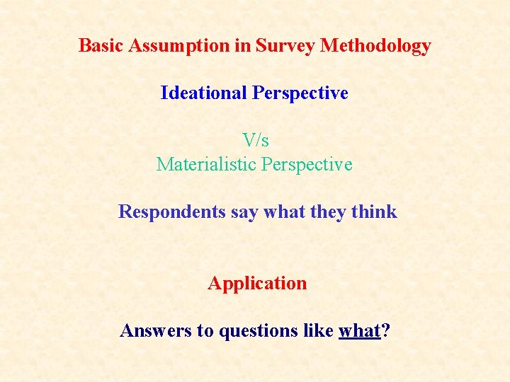 Basic Assumption in Survey Methodology Ideational Perspective V/s Materialistic Perspective Respondents say what they