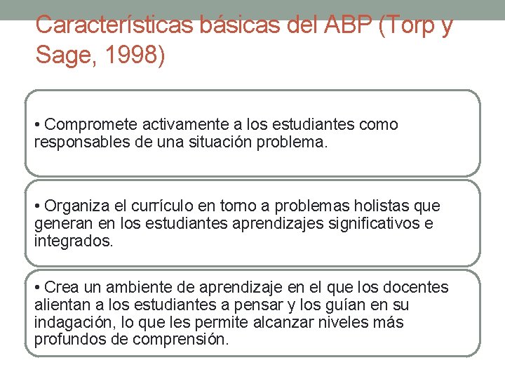 Características básicas del ABP (Torp y Sage, 1998) • Compromete activamente a los estudiantes