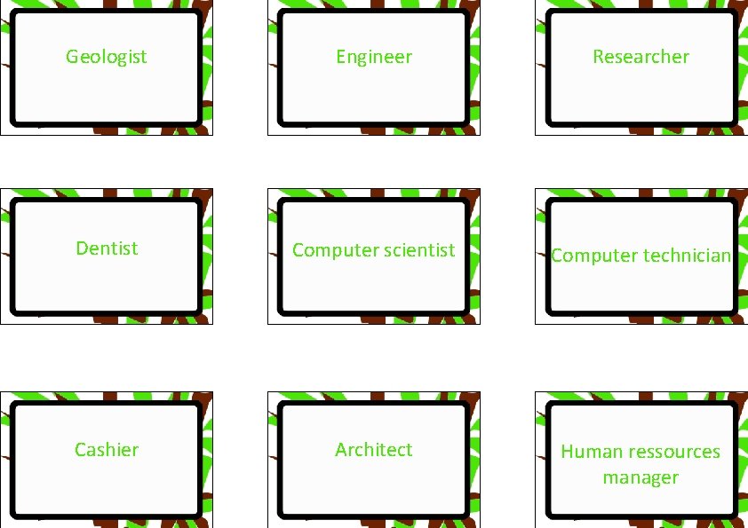 Geologist Engineer Researcher Dentist Computer scientist Computer technician Cashier Architect Human ressources manager 