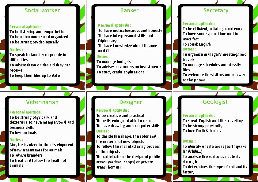 Social worker Personal aptitude : To be listening and empathetic To be autonomous and