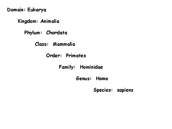 Domain: Eukarya Kingdom: Animalia Phylum: Chordata Class: Mammalia Order: Primates Family: Hominidae Genus: Homo