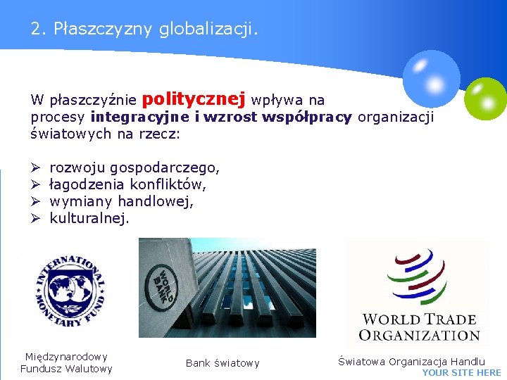 2. Płaszczyzny globalizacji. W płaszczyźnie politycznej wpływa na procesy integracyjne i wzrost współpracy organizacji