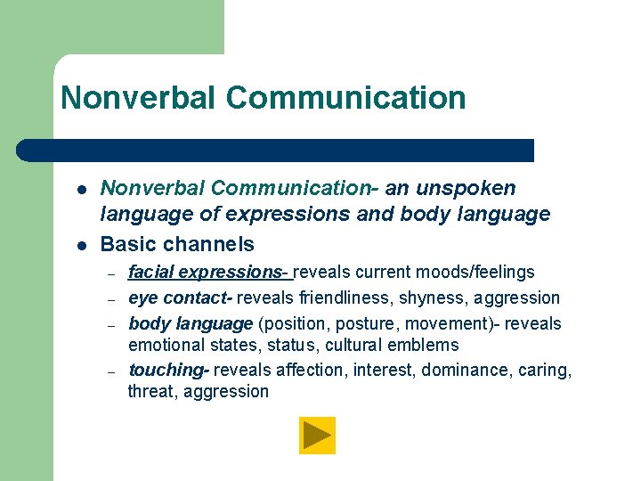 Nonverbal Communication l l Nonverbal Communication- an unspoken language of expressions and body language