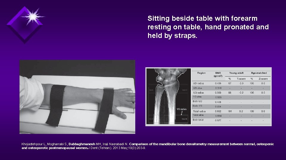 Sitting beside table with forearm resting on table, hand pronated and held by straps.