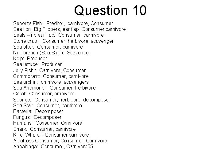 Question 10 Senorita Fish : Preditor, carnivore, Consumer Sea lion- Big Flippers, ear flap