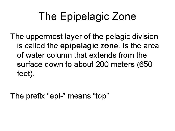 The Epipelagic Zone The uppermost layer of the pelagic division is called the epipelagic