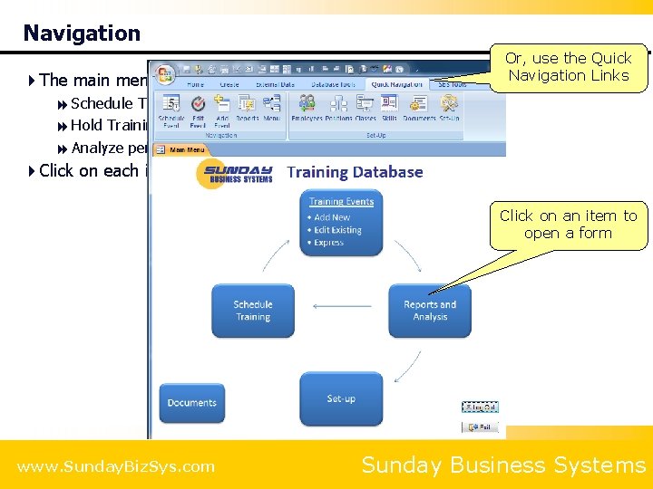 Navigation Or, use the Quick Navigation Links 4 The main menu represents the Training