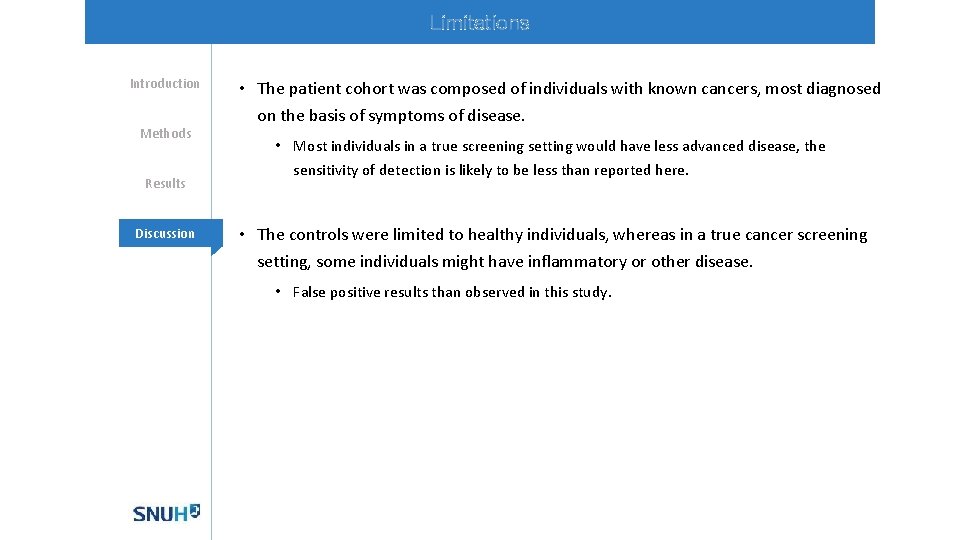 Limitations Introduction Methods Results Discussion • The patient cohort was composed of individuals with