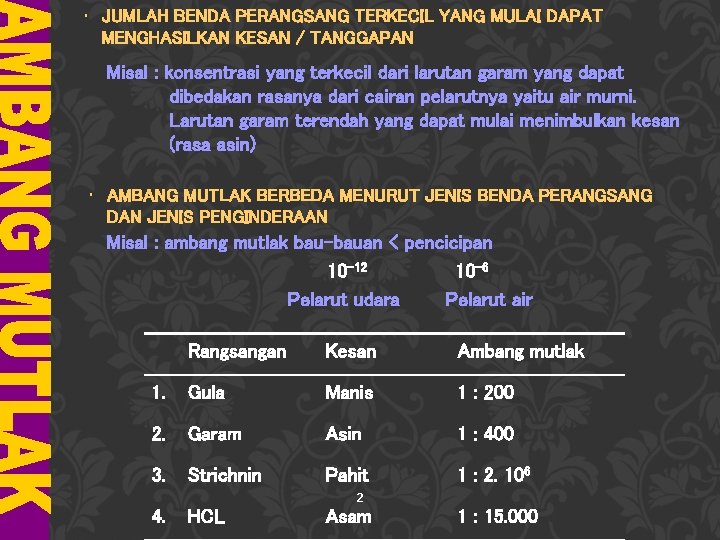  • JUMLAH BENDA PERANGSANG TERKECIL YANG MULAI DAPAT MENGHASILKAN KESAN / TANGGAPAN Misal