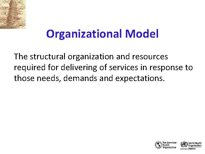 Organizational Model The structural organization and resources required for delivering of services in response Organizational Model The structural organization and resources required for delivering of services in response
