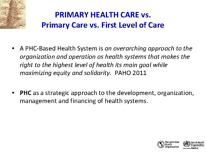 PRIMARY HEALTH CARE vs. Primary Care vs. First Level of Care • A PHC-Based