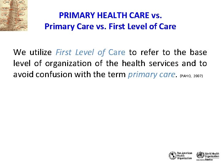 PRIMARY HEALTH CARE vs. Primary Care vs. First Level of Care We utilize First PRIMARY HEALTH CARE vs. Primary Care vs. First Level of Care We utilize First