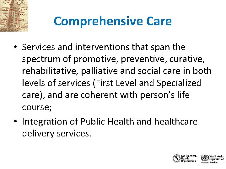Comprehensive Care • Services and interventions that span the spectrum of promotive, preventive, curative, Comprehensive Care • Services and interventions that span the spectrum of promotive, preventive, curative,