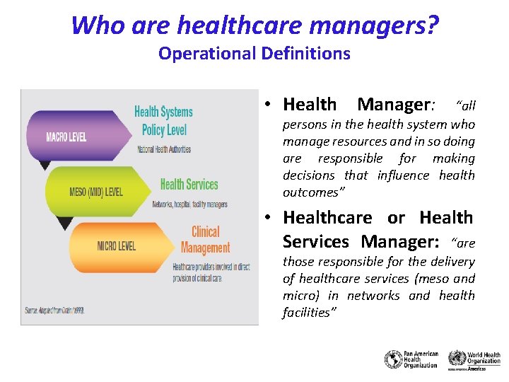 Who are healthcare managers? Operational Definitions • Health Manager: “all persons in the health