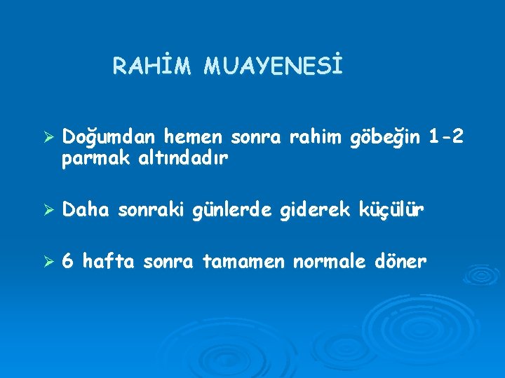 RAHİM MUAYENESİ Ø Doğumdan hemen sonra rahim göbeğin 1 -2 parmak altındadır Ø Daha