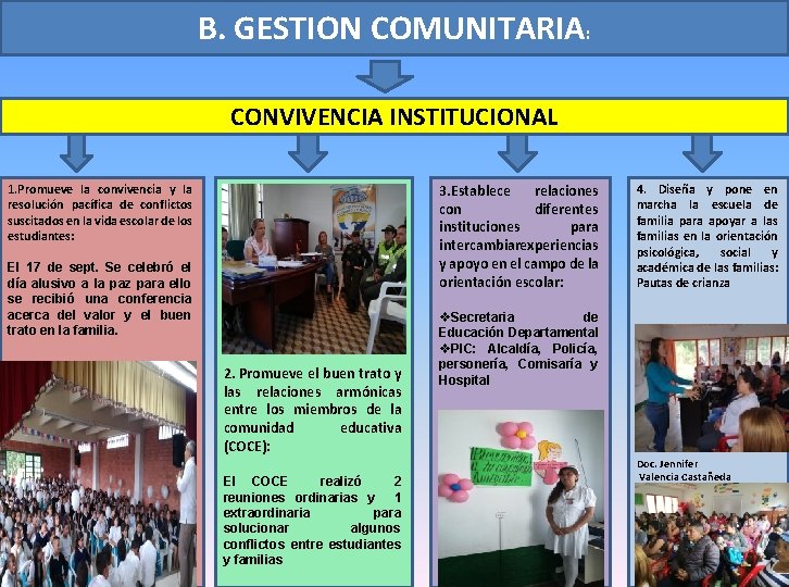 B. GESTION COMUNITARIA: CONVIVENCIA INSTITUCIONAL 3. Establece relaciones con diferentes instituciones para intercambiarexperiencias y