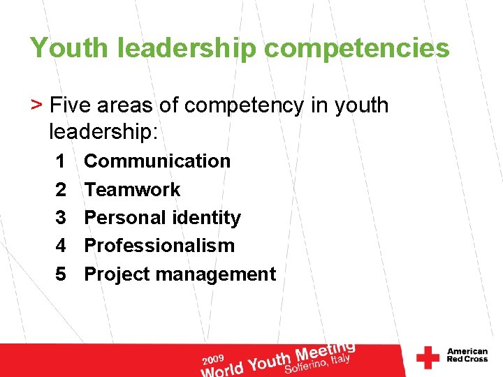 Youth leadership competencies > Five areas of competency in youth leadership: 1 2 3