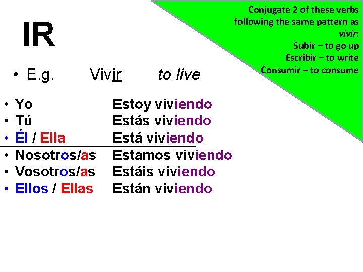 IR • E. g. • • • Vivir Yo Tú Él / Ella Nosotros/as