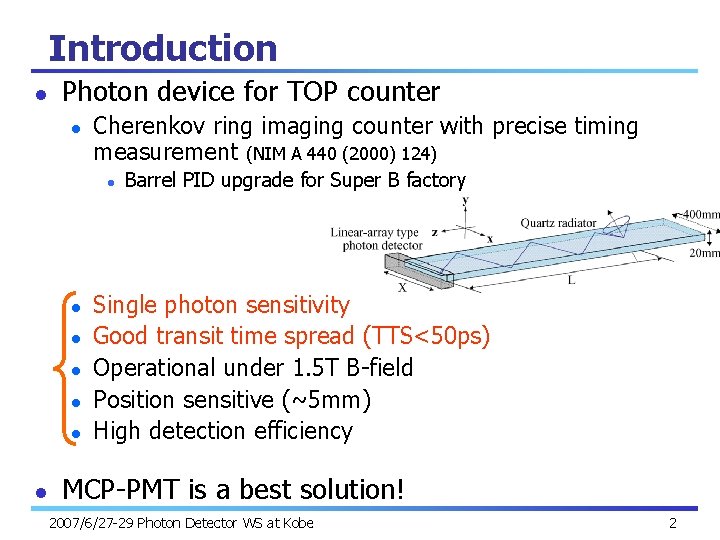 Introduction l Photon device for TOP counter l Cherenkov ring imaging counter with precise