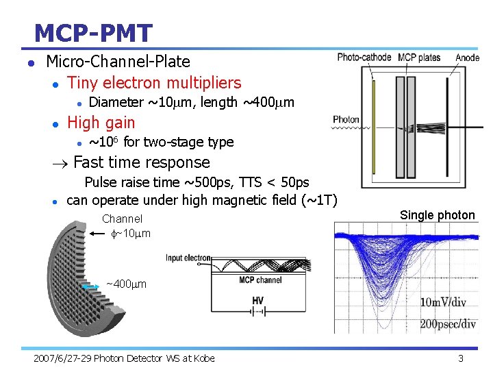 MCP-PMT l Micro-Channel-Plate l Tiny electron multipliers l l Diameter ~10 mm, length ~400