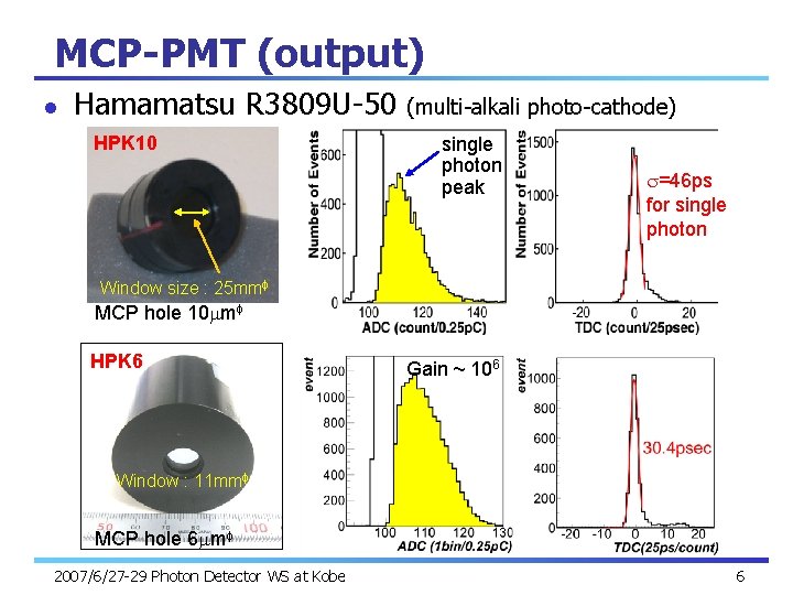 MCP-PMT (output) l Hamamatsu R 3809 U-50 (multi-alkali photo-cathode) HPK 10 single photon peak