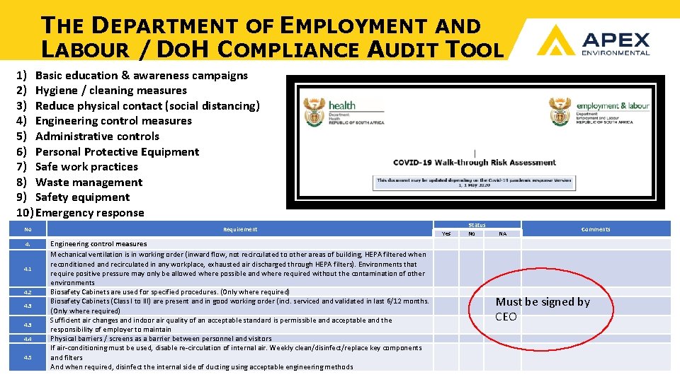 THE DEPARTMENT OF EMPLOYMENT AND LABOUR / DOH COMPLIANCE AUDIT TOOL 1) Basic education