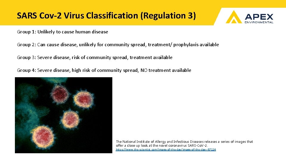 SARS Cov-2 Virus Classification (Regulation 3) Group 1: Unlikely to cause human disease Group