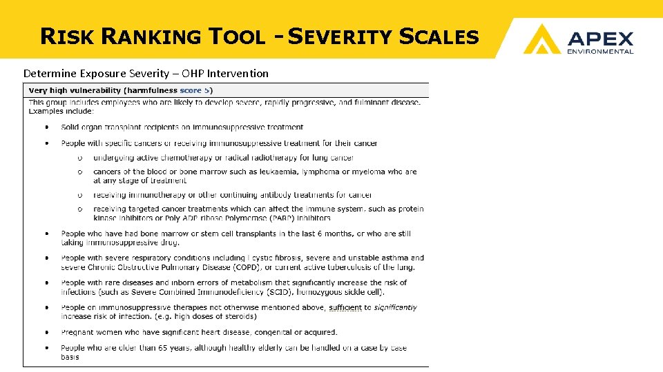 RISK RANKING TOOL - SEVERITY SCALES Determine Exposure Severity – OHP Intervention 