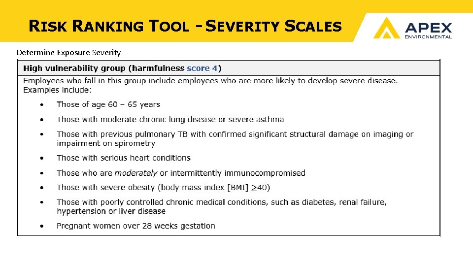 RISK RANKING TOOL - SEVERITY SCALES Determine Exposure Severity 