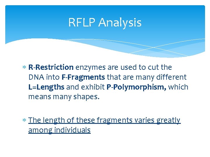 RFLP Analysis R-Restriction enzymes are used to cut the DNA into F-Fragments that are