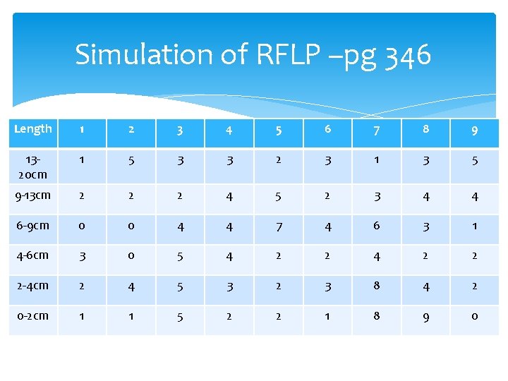 Simulation of RFLP –pg 346 Length 1 2 3 4 5 6 7 8