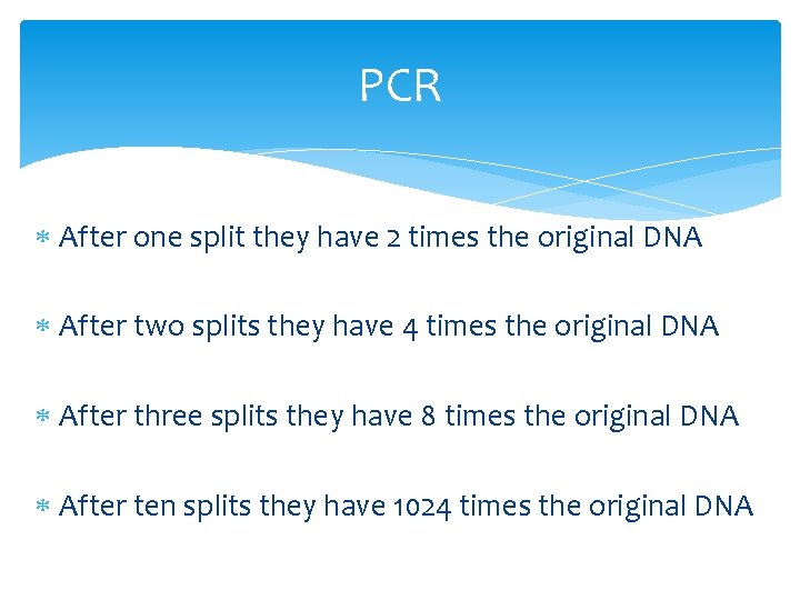 PCR After one split they have 2 times the original DNA After two splits