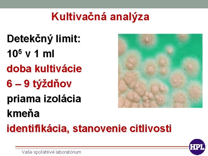 Kultivačná analýza Detekčný limit: 105 v 1 ml doba kultivácie 6 – 9 týždňov