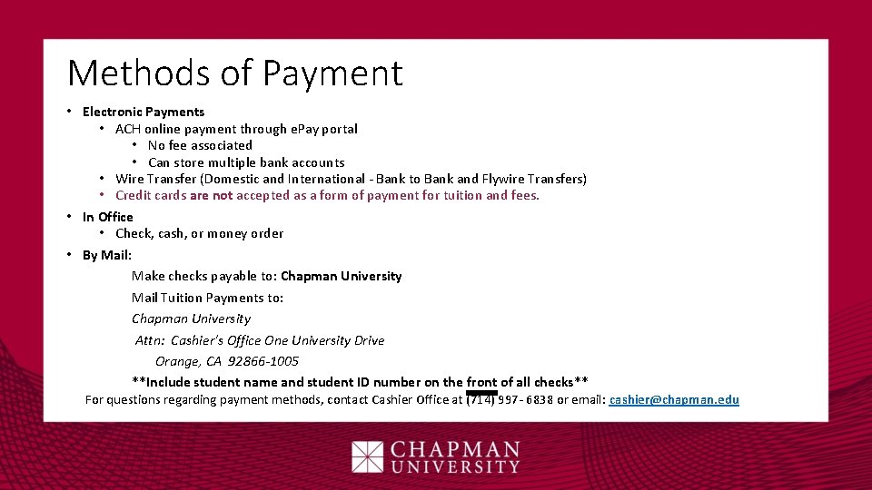 Methods of Payment • Electronic Payments • ACH online payment through e. Pay portal