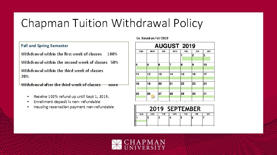 Chapman Tuition Withdrawal Policy Ex. Based on Fall 2019 Fall and Spring Semester Withdrawal