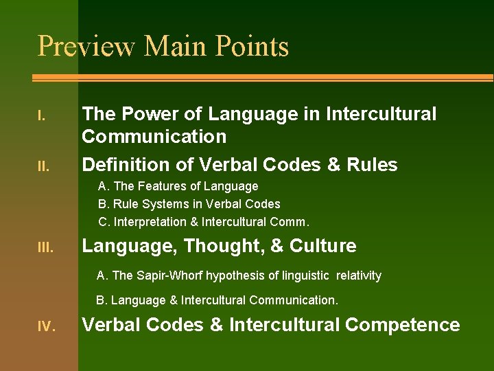 Preview Main Points I. II. The Power of Language in Intercultural Communication Definition of