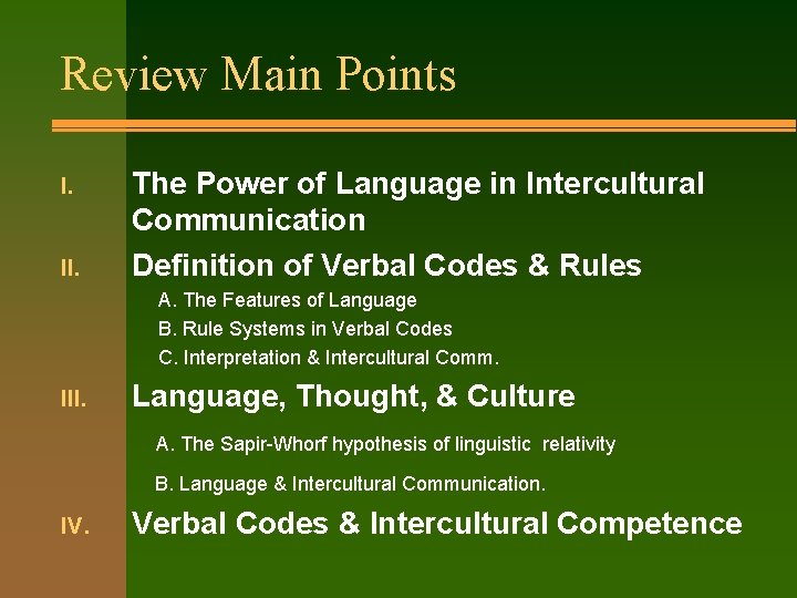 Review Main Points I. II. The Power of Language in Intercultural Communication Definition of
