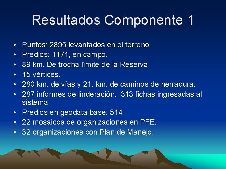 Resultados Componente 1 • • • Puntos: 2895 levantados en el terreno. Predios: 1171,