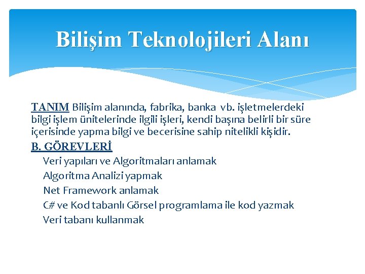 Bilişim Teknolojileri Alanı TANIM Bilişim alanında, fabrika, banka vb. işletmelerdeki bilgi işlem ünitelerinde ilgili