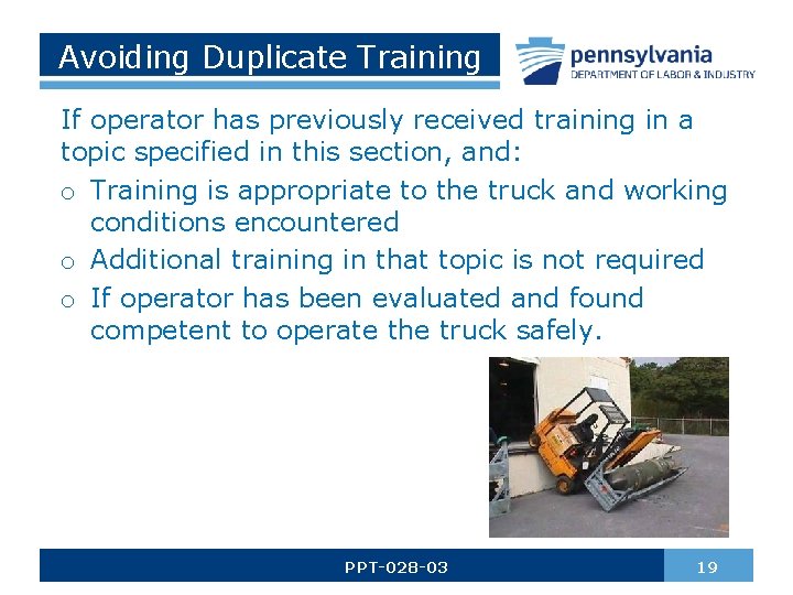 Avoiding Duplicate Training If operator has previously received training in a topic specified in
