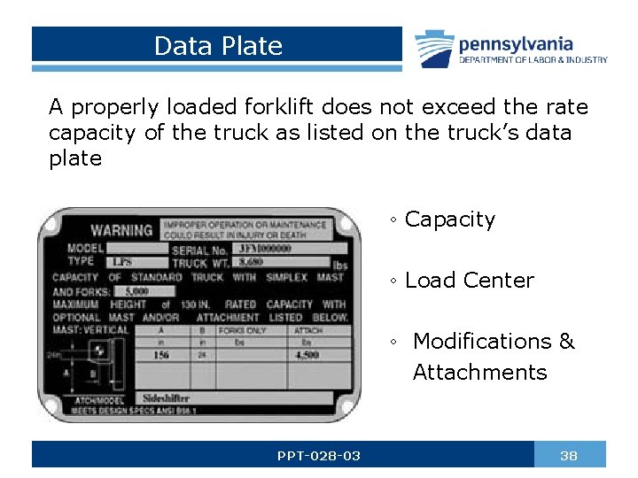 Data Plate A properly loaded forklift does not exceed the rate capacity of the