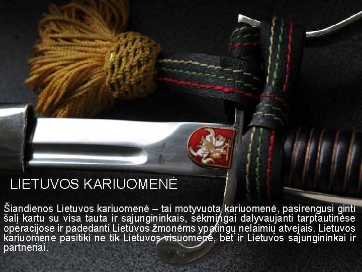 LIETUVOS KARIUOMENĖ Šiandienos Lietuvos kariuomenė – tai motyvuota kariuomenė, pasirengusi ginti šalį kartu su