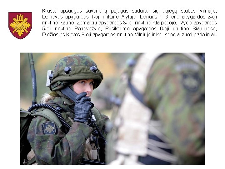 Krašto apsaugos savanorių pajėgas sudaro: šių pajėgų štabas Vilniuje, Dainavos apygardos 1 -oji rinktinė