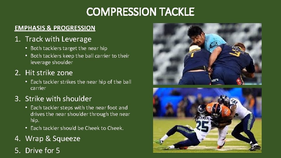 COMPRESSION TACKLE EMPHASIS & PROGRESSION 1. Track with Leverage • Both tacklers target the