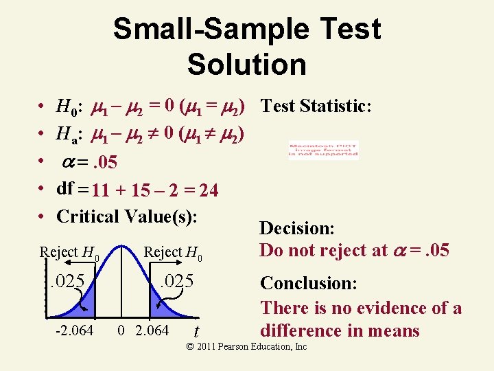 Small-Sample Test Solution H 0: 1 – 2 = 0 ( 1 = 2)