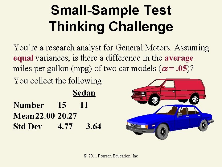 Small-Sample Test Thinking Challenge You’re a research analyst for General Motors. Assuming equal variances,