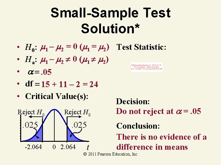 Small-Sample Test Solution* H 0: 1 – 2 = 0 ( 1 = 2)