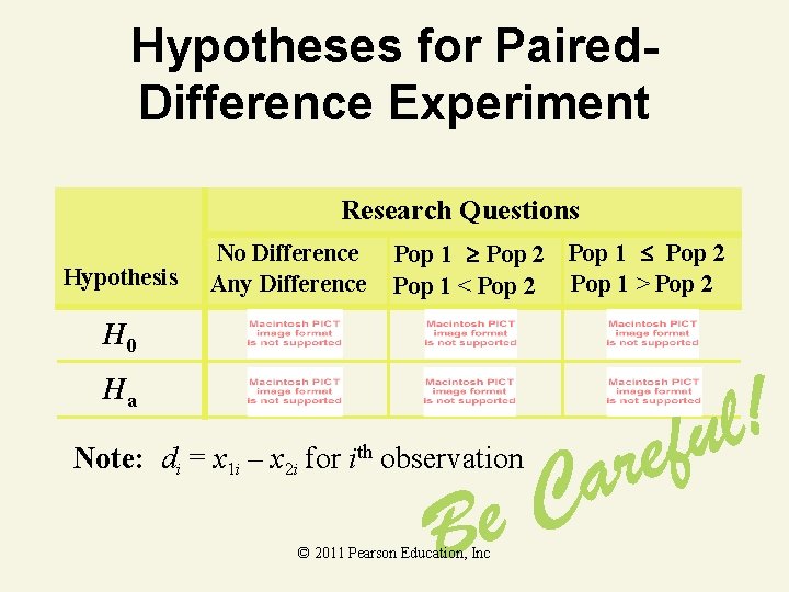 Hypotheses for Paired. Difference Experiment Research Questions Hypothesis No Difference Any Difference Pop 1