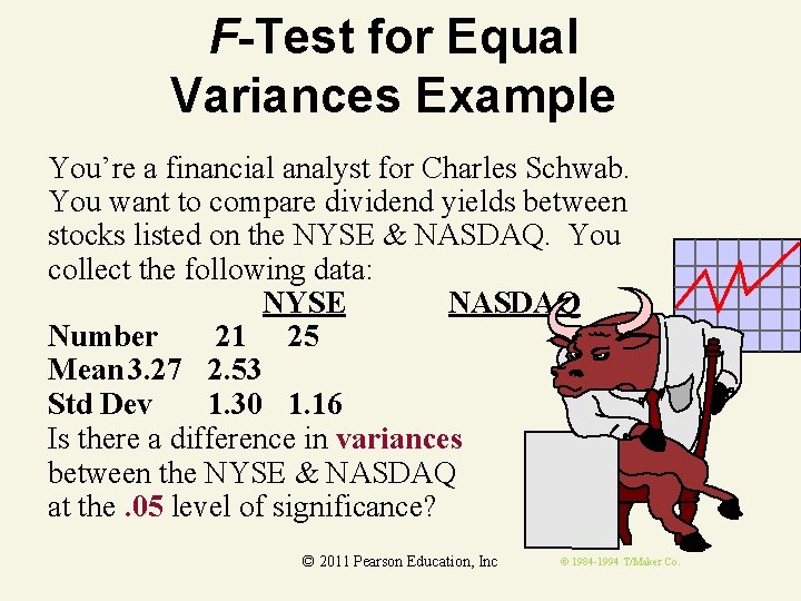 F-Test for Equal Variances Example You’re a financial analyst for Charles Schwab. You want